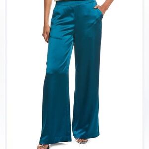 Trina Turk Teal Satin Wide-Leg Trousers
